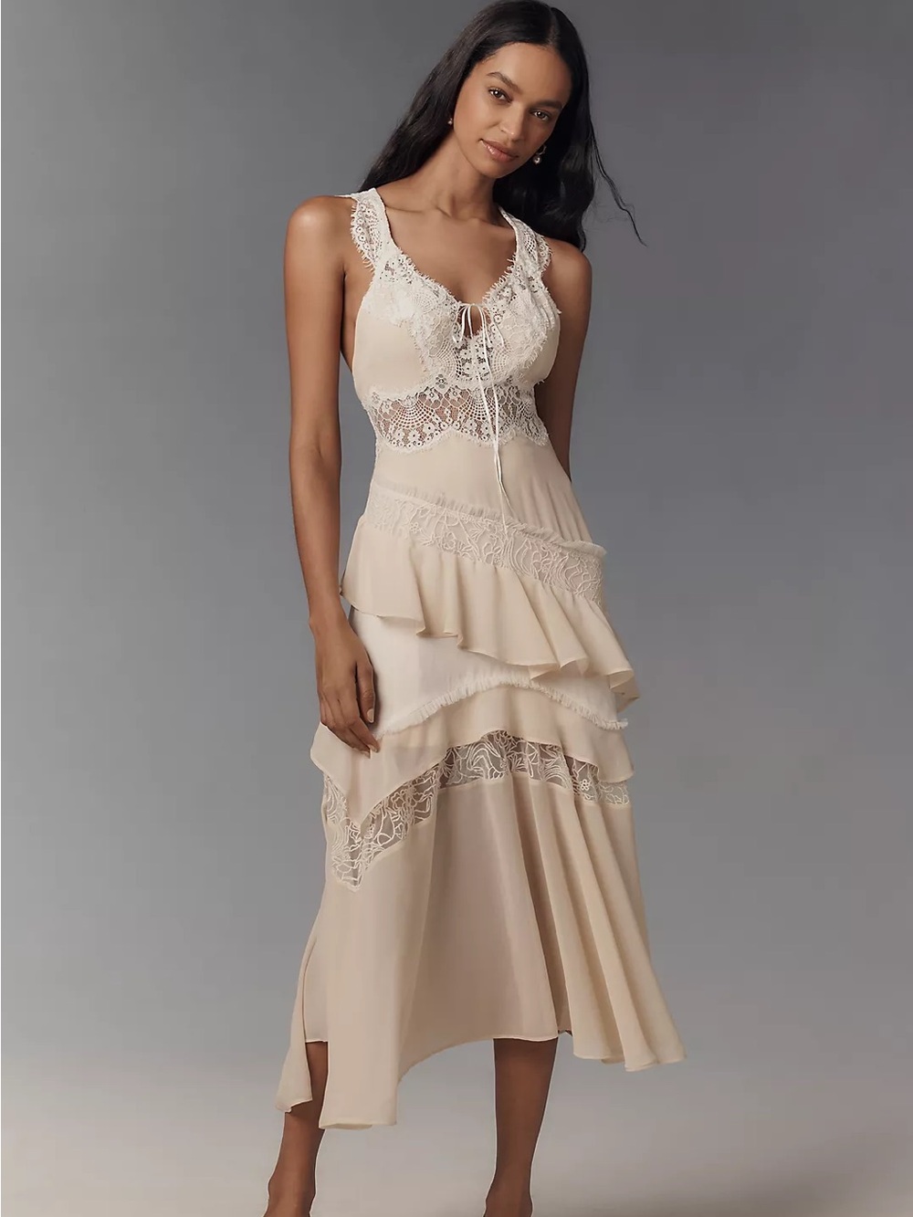 By Anthropologie Sleeveless Keyhole Tiered Lace Midi Dress